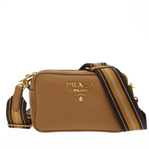 Prada Crossbody Camera Bag Guitar Strap Caramel Leather 1BH096 New